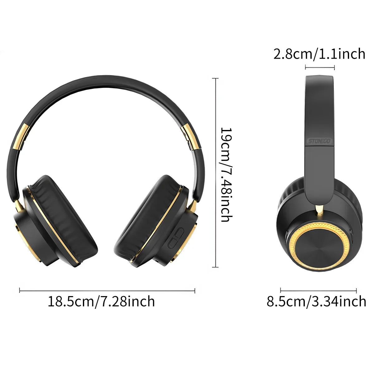 Diagram showing physical dimensions of foldable black and gold headphones.