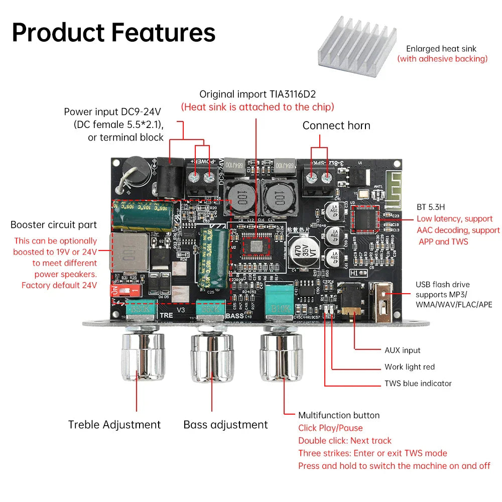 Bluetooth amplifier board component diagram with heat sink and technical labels for connections and features.