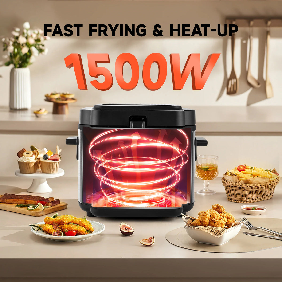 Stainless steel deep fryer with graphical illustration of heat circulation and food around it.
