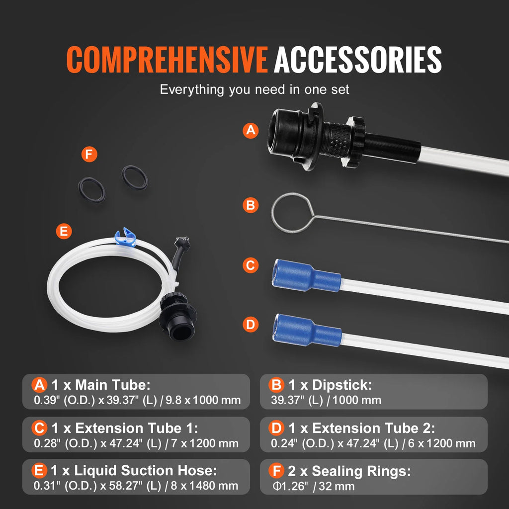 List of accessories included with the fluid extractor pump, including suction tubes, dipstick, and sealing rings