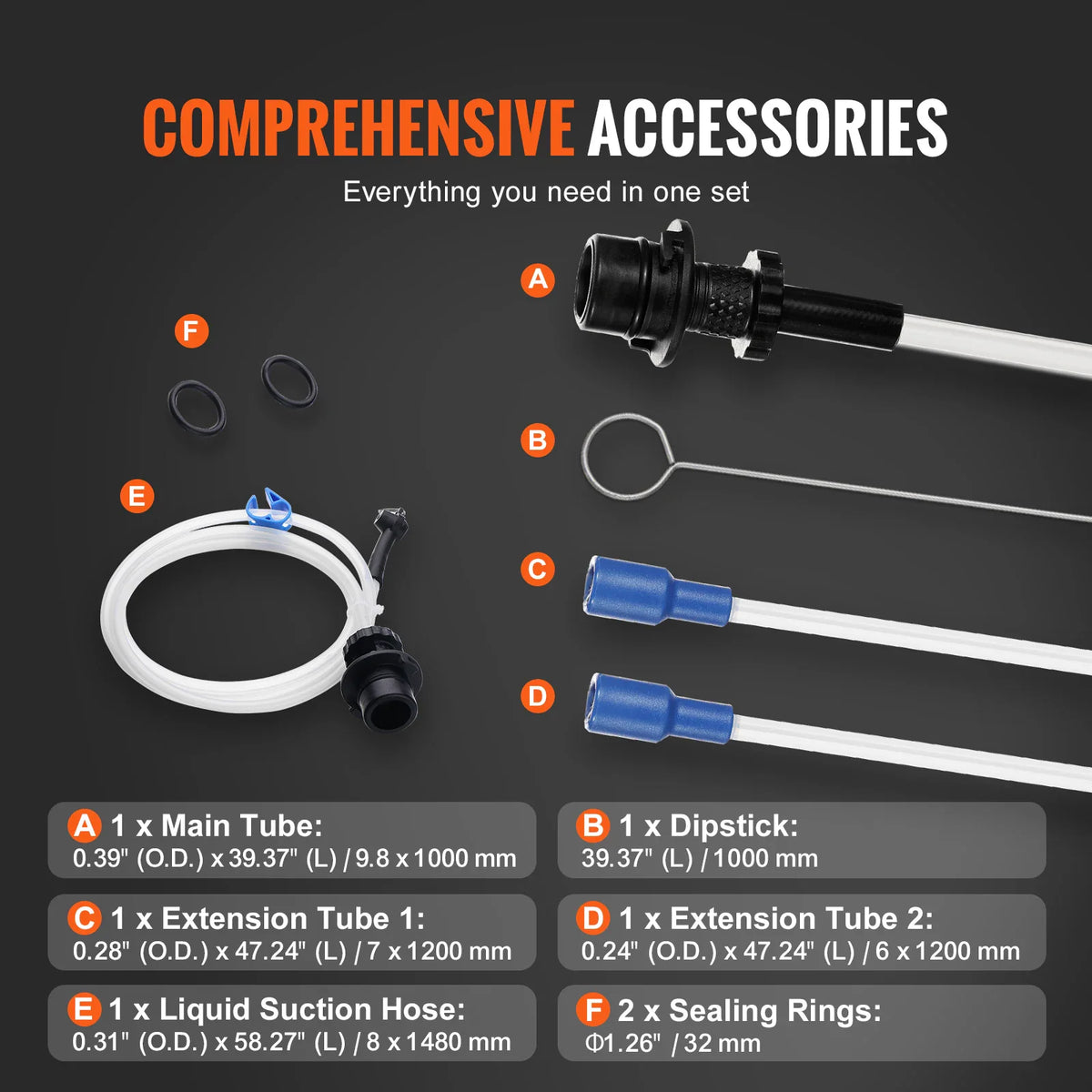 List of accessories included with the fluid extractor pump, including suction tubes, dipstick, and sealing rings