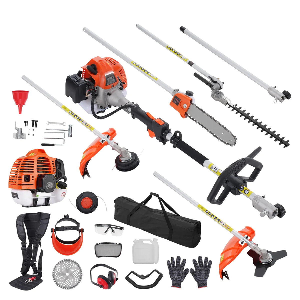 Gas-powered multi-functional trimmer kit with engine, attachments, blades, safety gear, and accessories