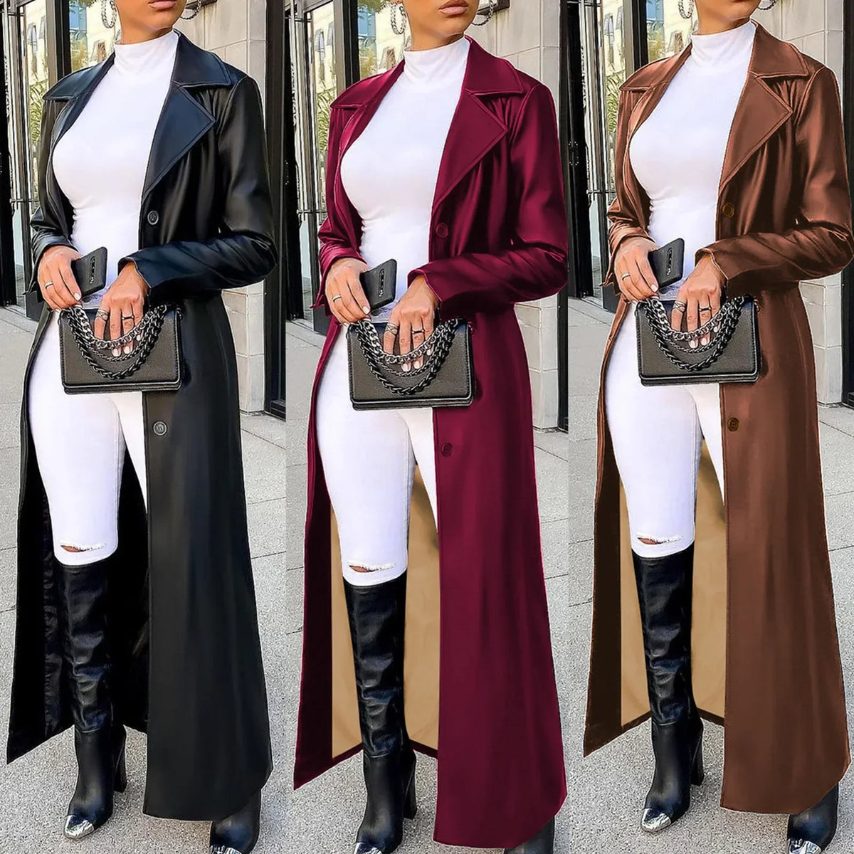 A collage showing three women wearing black, maroon, and brown leather trench coats.