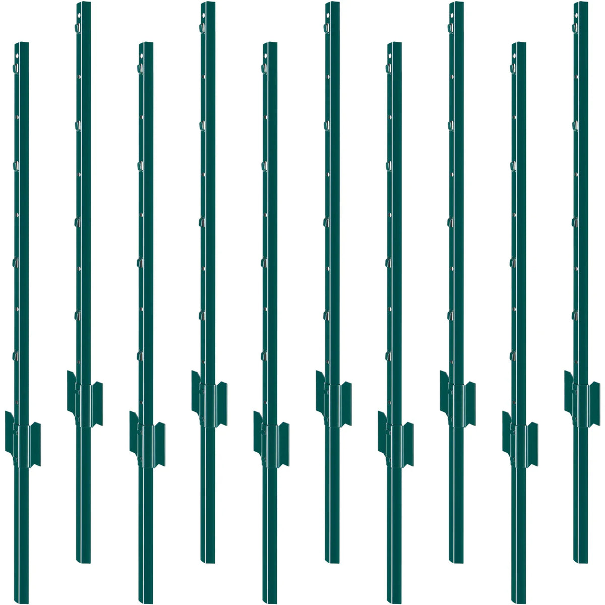 Green metal fence T-posts in a row