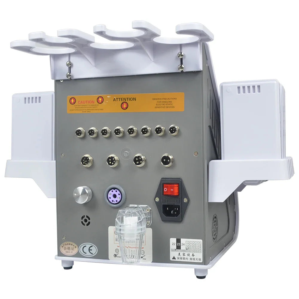 The rear view of a beauty equipment device showing input ports, power switch and safety labels.