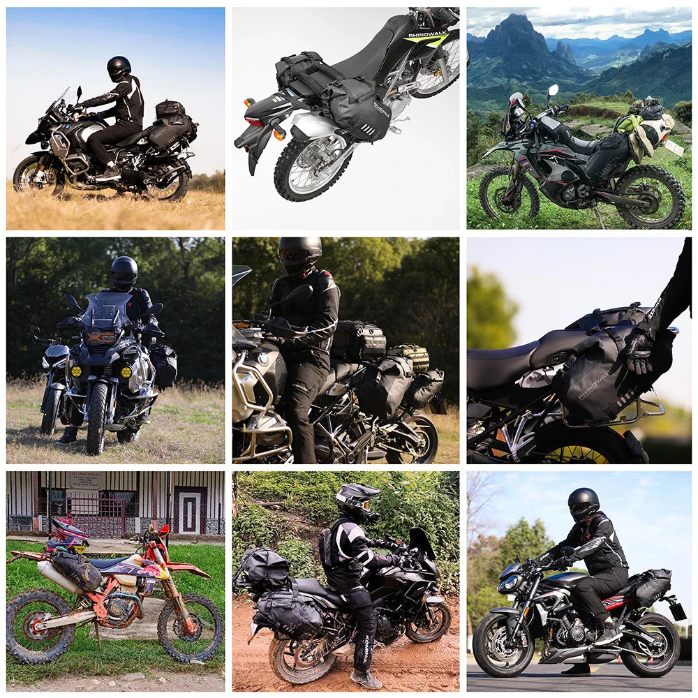 Collage showing various motorcyclists using saddle bags for travel on different terrain