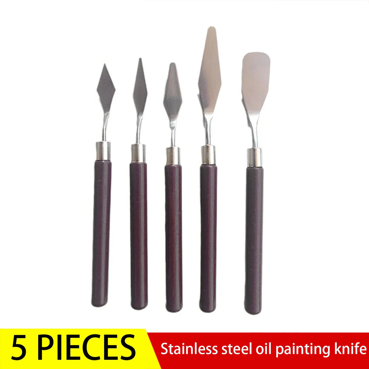 A set of five stainless steel artist palette knives with dark brown wooden handles
