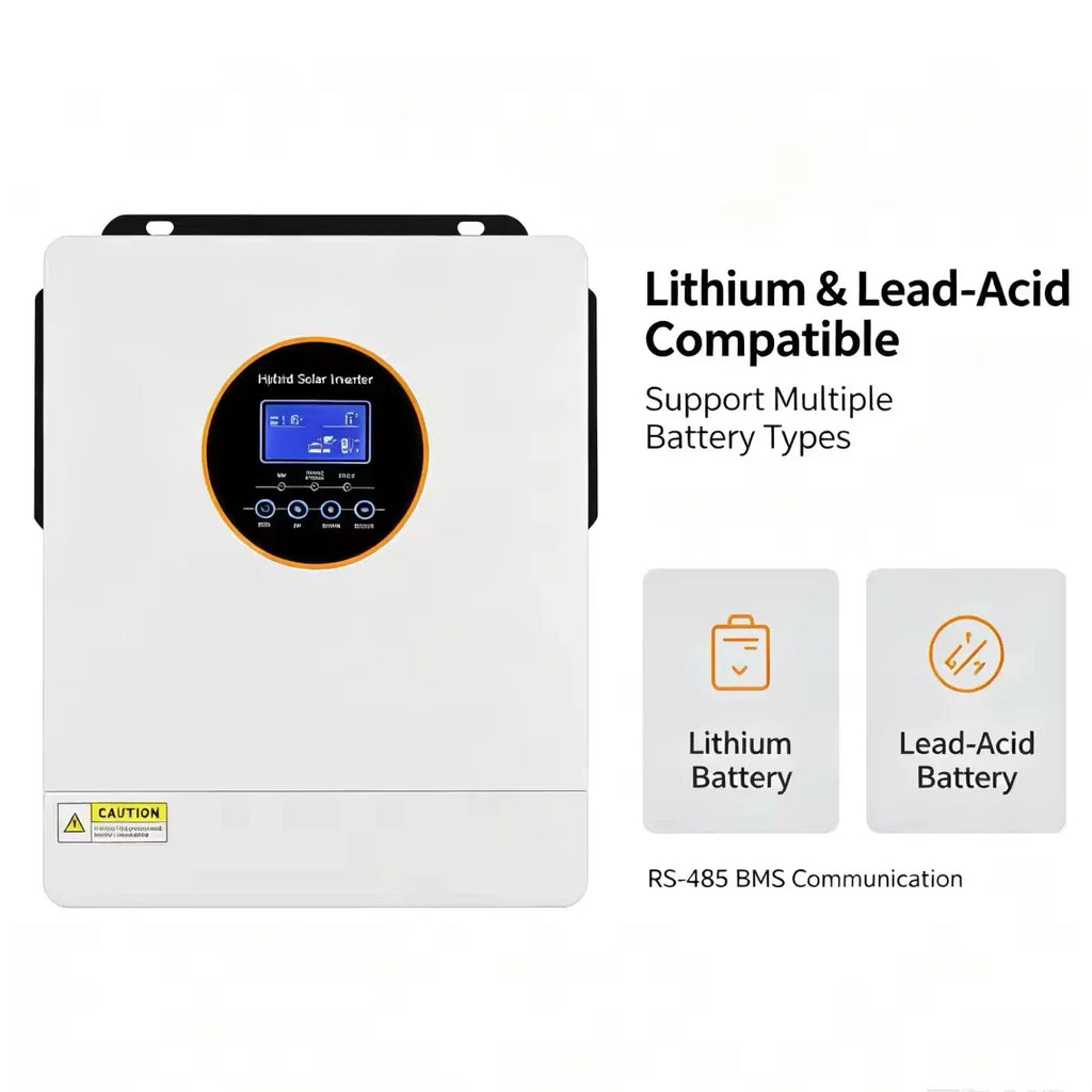 Hybrid solar inverter compatible with lithium and lead-acid battery types