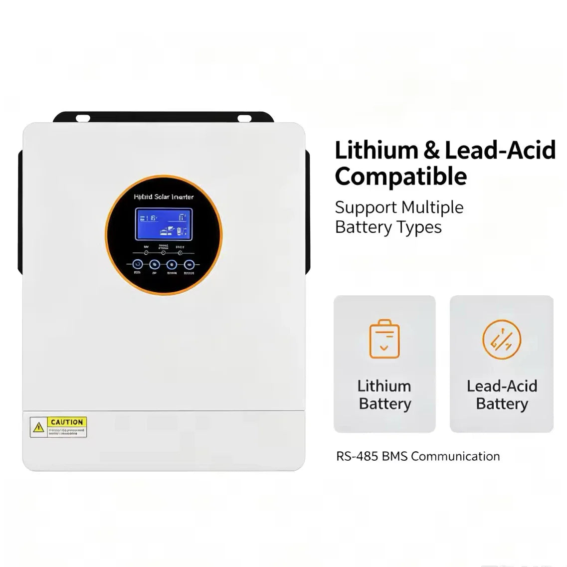 Hybrid solar inverter compatible with lithium and lead-acid battery types
