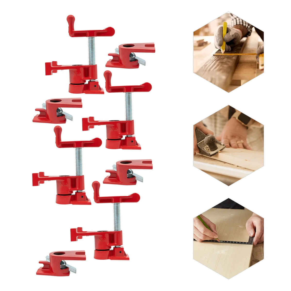 Set of red woodworking pipe clamps arranged vertically with three demonstration photos.