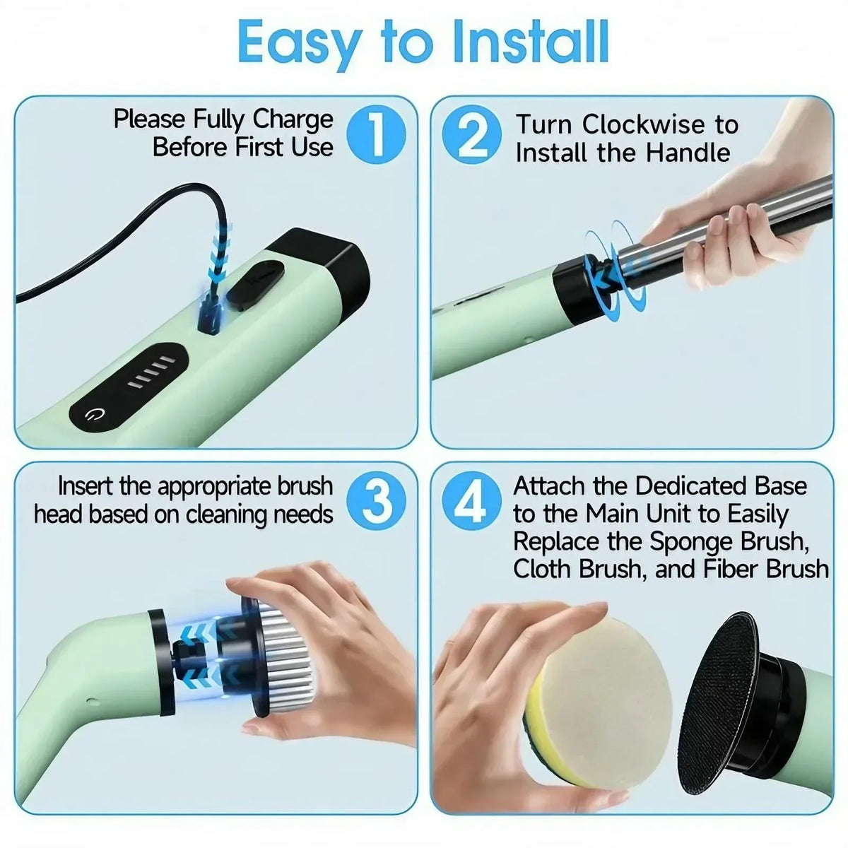 Four-step installation guide for the electric spin scrubber and its brush heads
