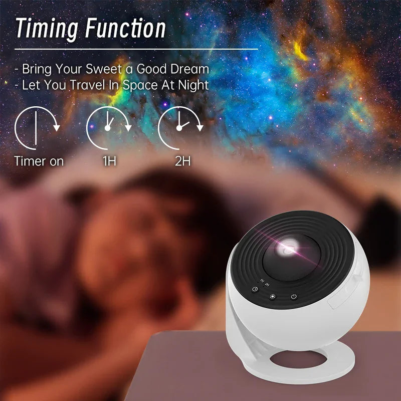 Galaxy projector lamp illuminating a bedroom ceiling for a child