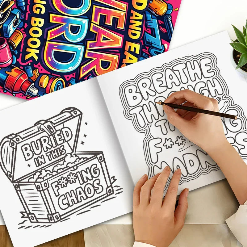 Hand coloring a swear word adult coloring book page with a phrase about stress