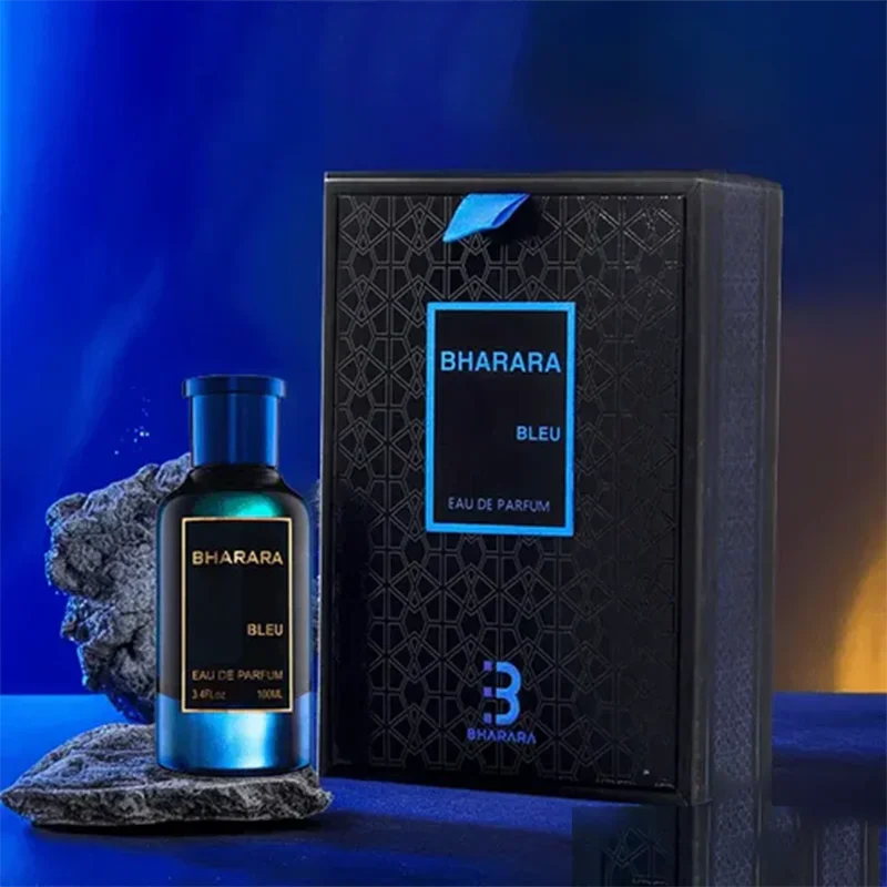 Blue perfume bottle standing on a rock against a blue background