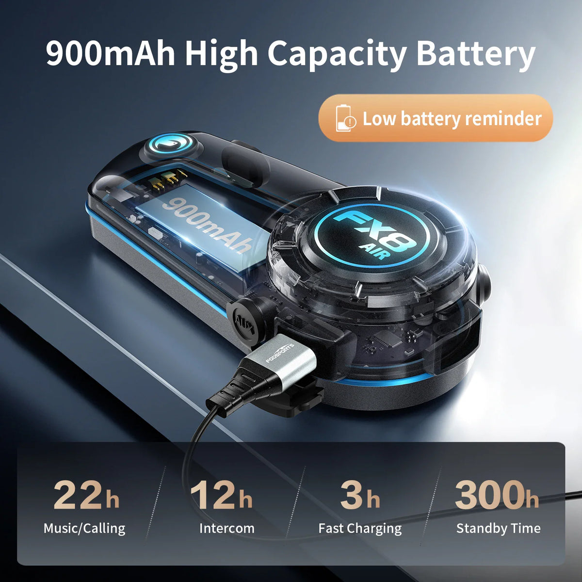 Motorcycle Bluetooth headset charging with cable, highlighting 900mAh battery capacity and battery life specifications.