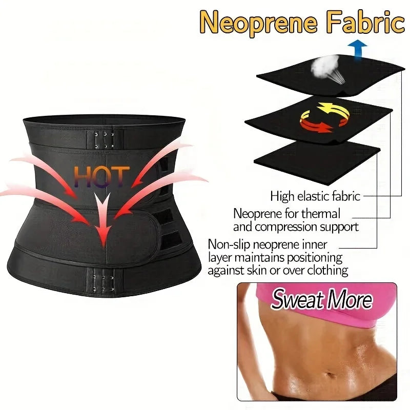 Diagram showing material layers of a black neoprene waist trainer belt with compression and thermal features.