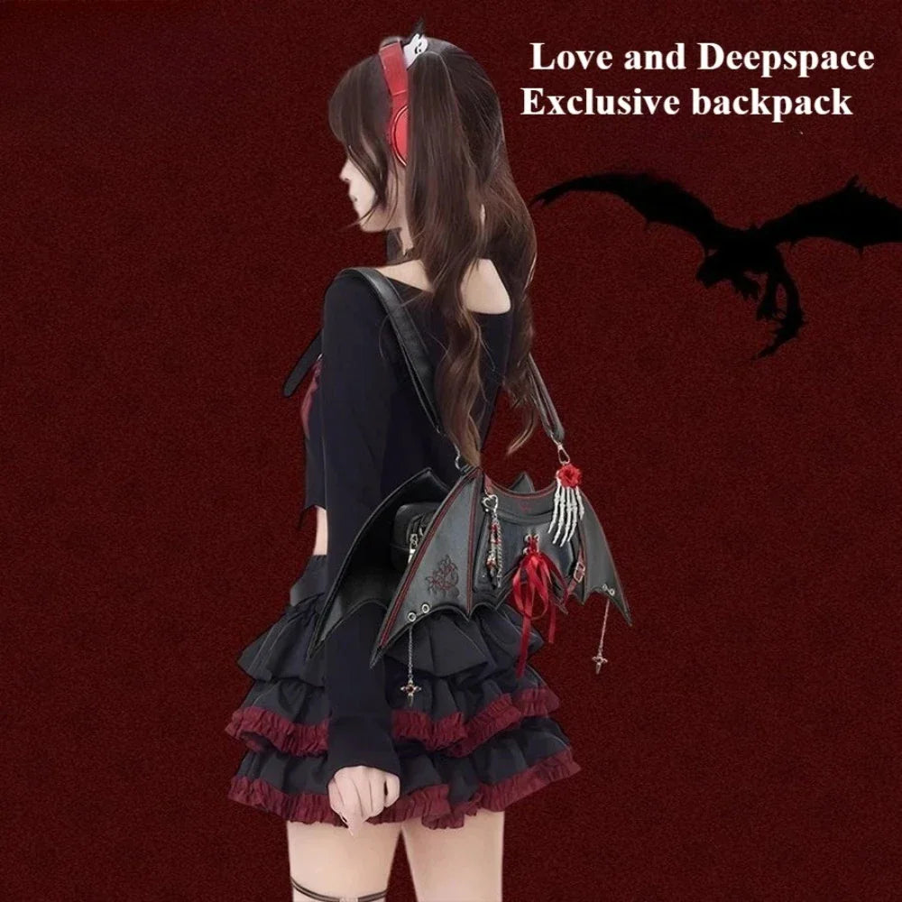 Side view of a model wearing a red and black gothic bat-wing ita bag.