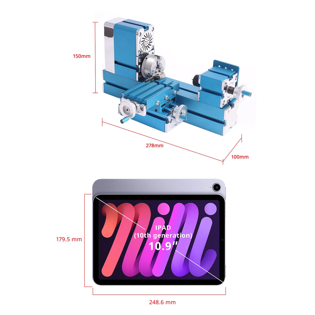 Dimensions diagram of a mini lathe compared to a tablet