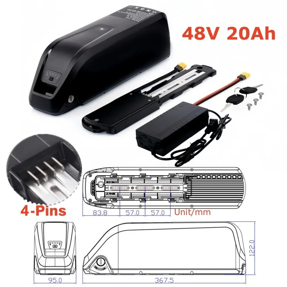 Black Hailong electric bicycle battery with mounting plate and charger