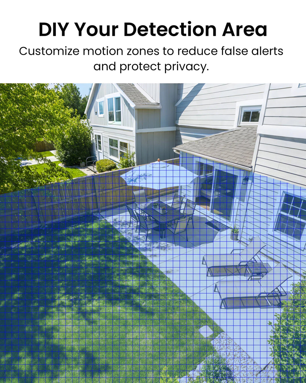 A backyard patio with a grid overlay demonstrating customizable motion detection zones for a security camera.