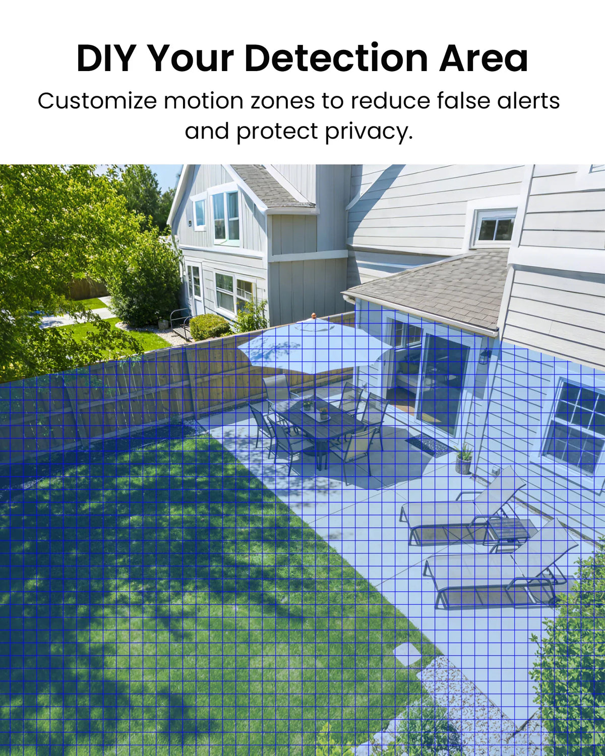 A backyard patio with a grid overlay demonstrating customizable motion detection zones for a security camera.
