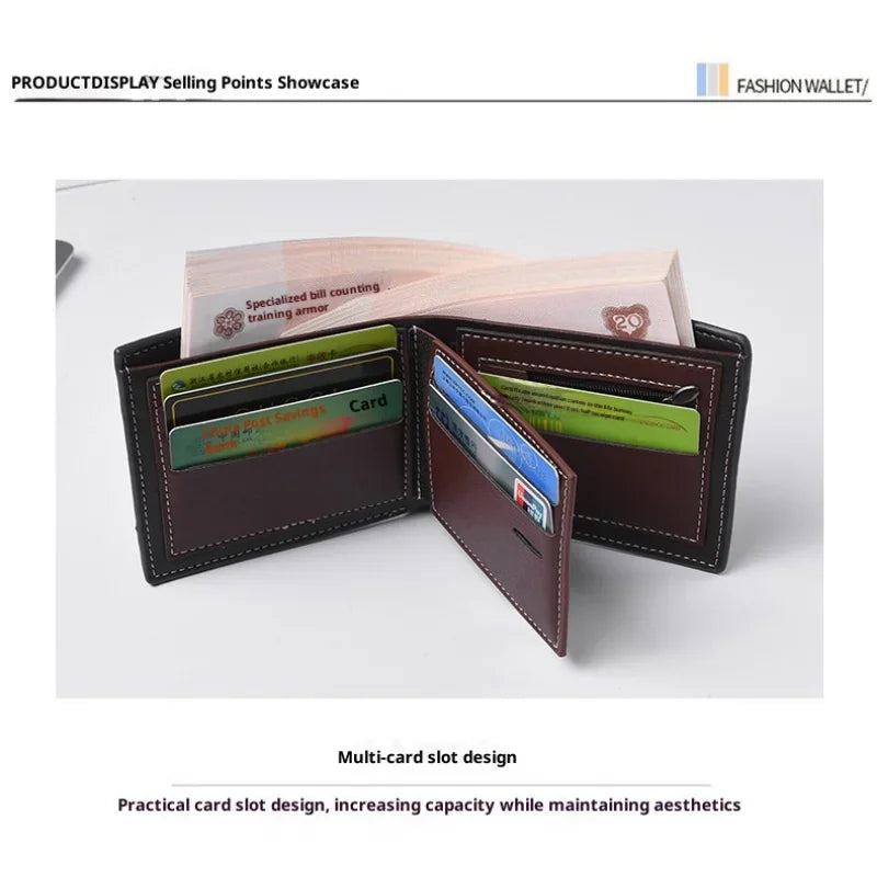 A bi-fold wallet shown opened, highlighting multiple card slots and cash compartments with text labels.