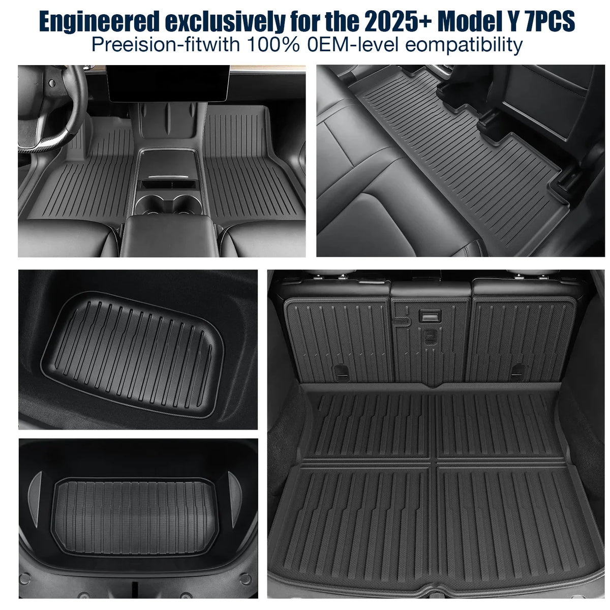 Detailed views of black all-weather TPE car floor mats installed in the front, rear, trunk, and frunk