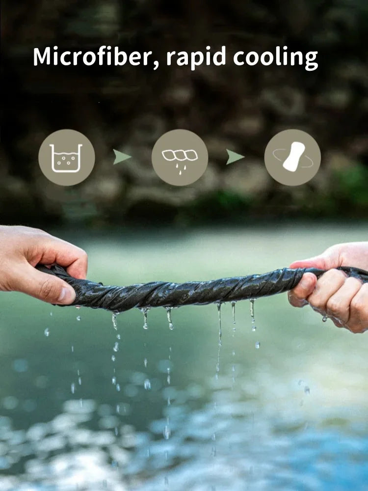 Hands wringing out a wet grey towel over water with icons demonstrating the use process.