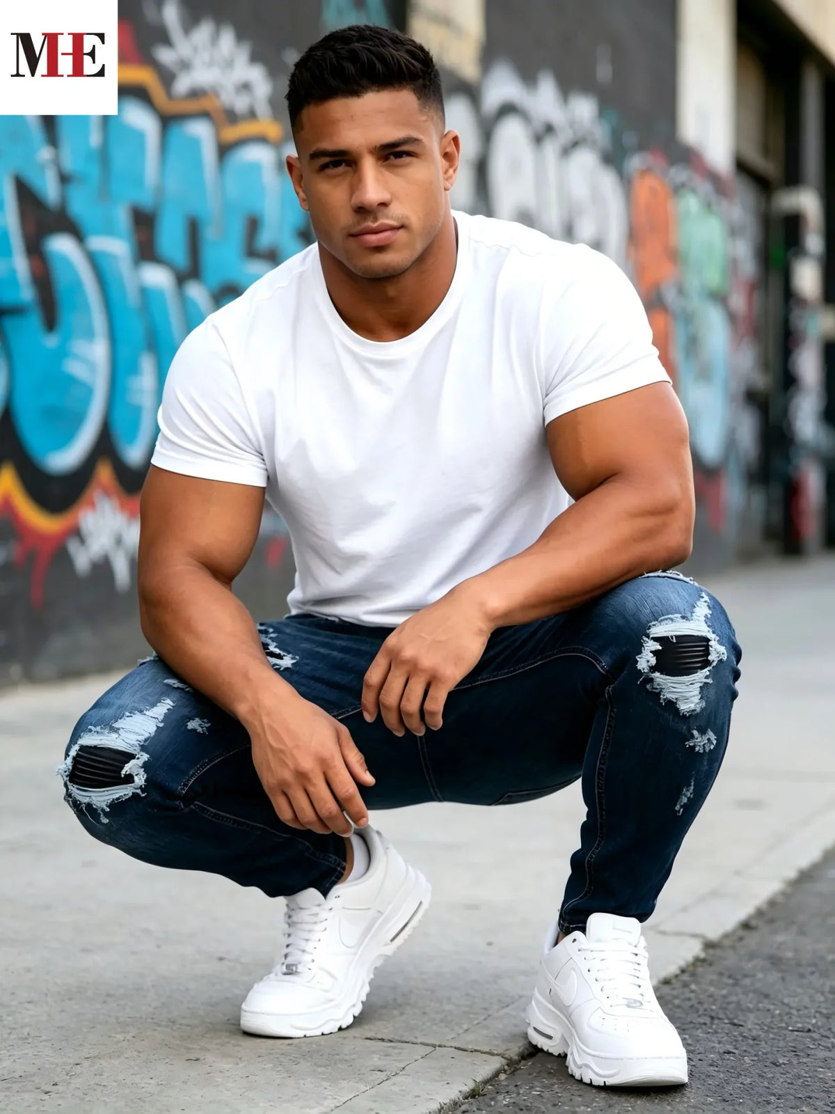 Dark blue slim skinny jeans with black stripe patches, crouching pose