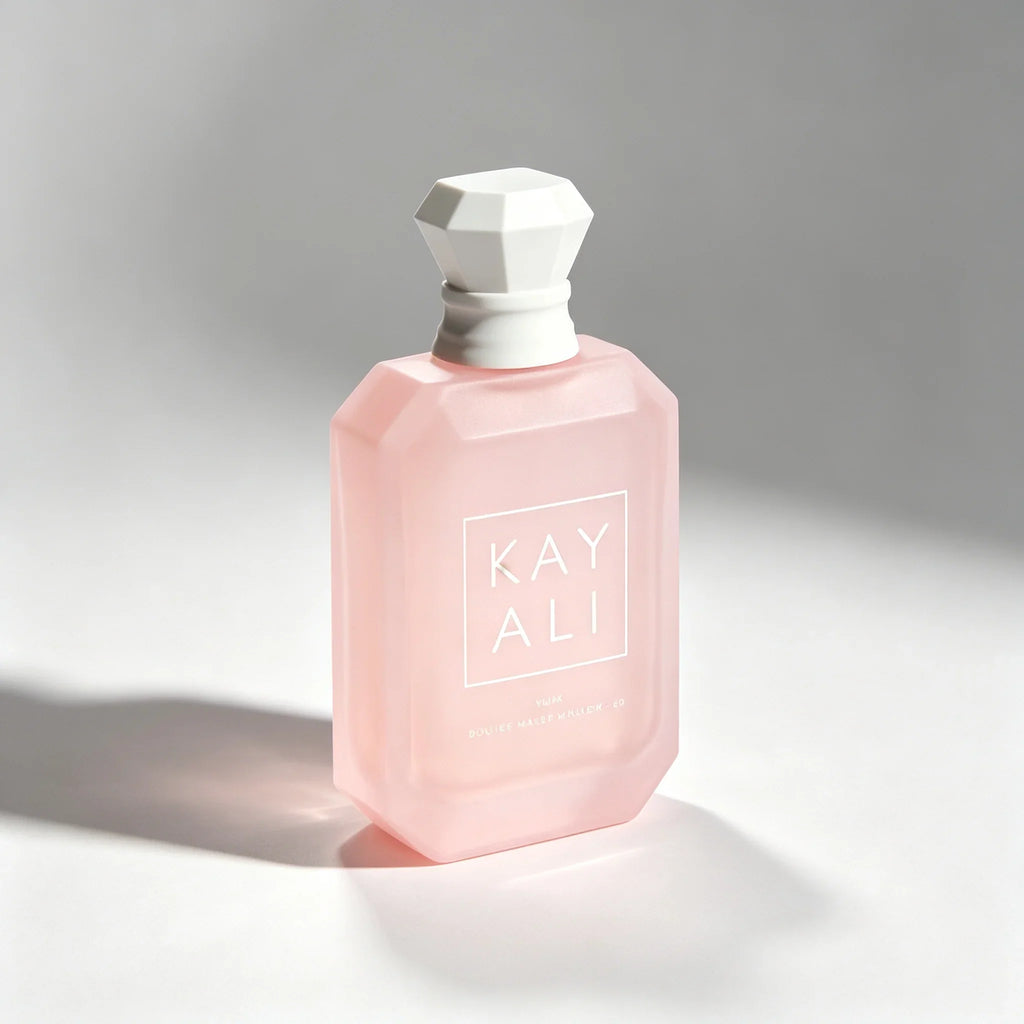 A single bottle of pink perfume isolated on a clean white background.