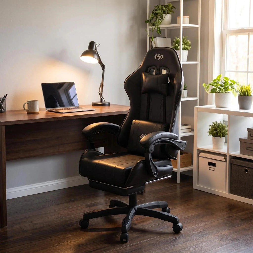 Black ergonomic gaming chair with lumbar support and footrest in a home office setup