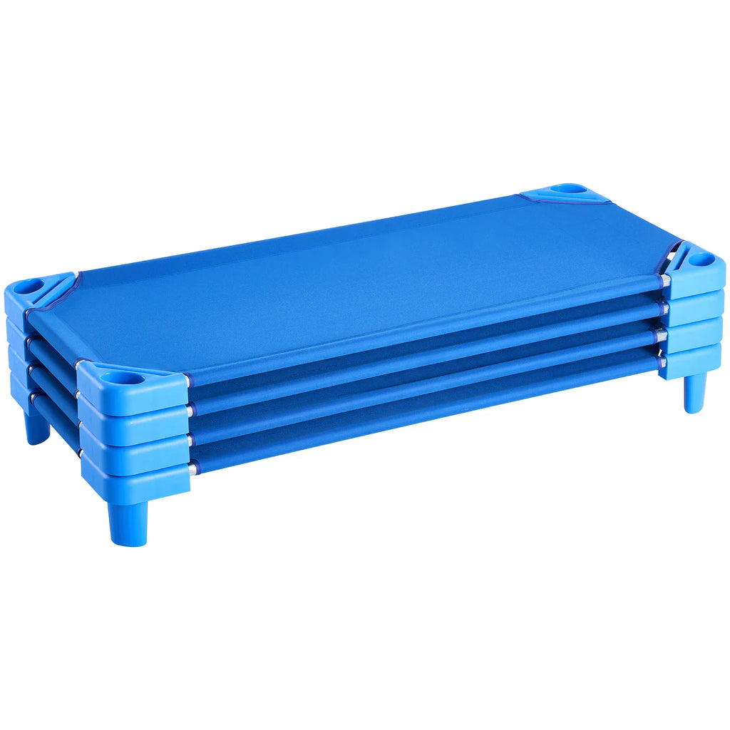 A blue stackable toddler nap cot on a white background
