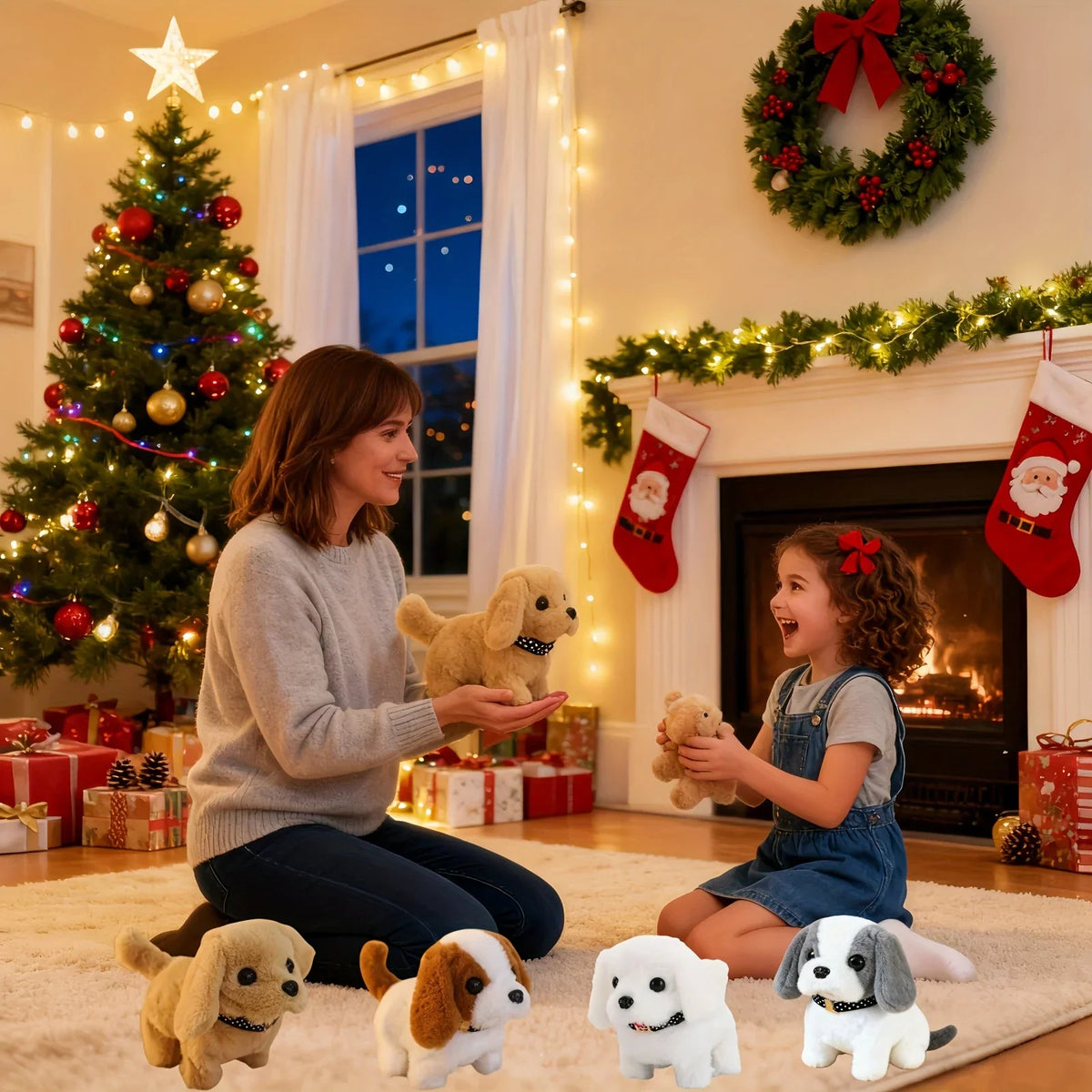 A family playing with multiple plush toy puppy variations in a room with a Christmas tree