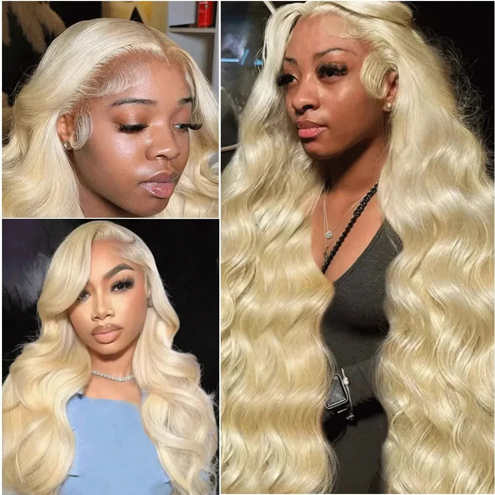 Models wearing long honey blonde wavy human hair lace front wigs