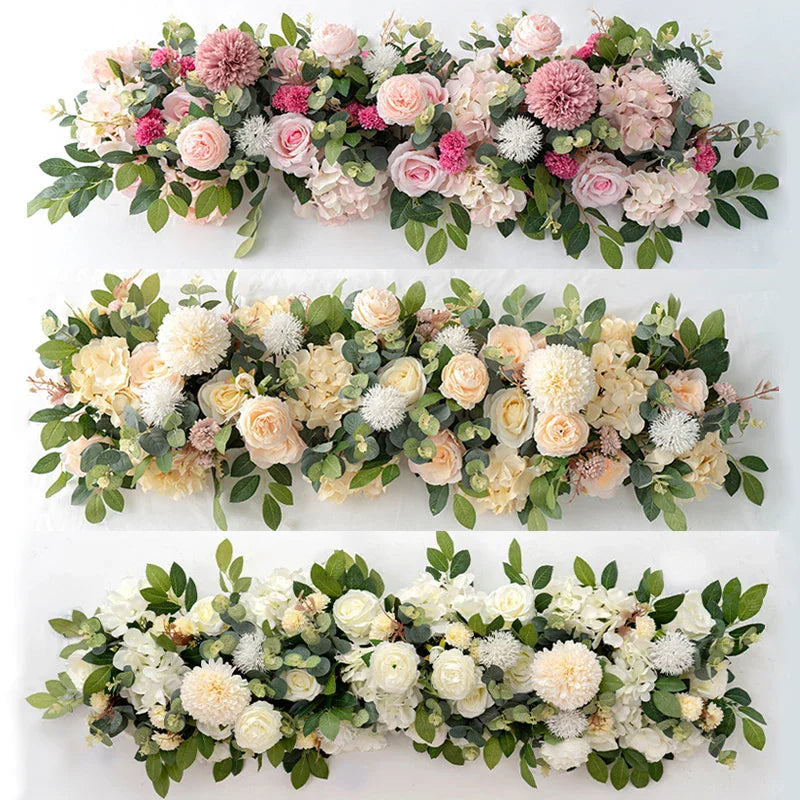 Three different colored artificial floral centerpiece rows for wedding decoration