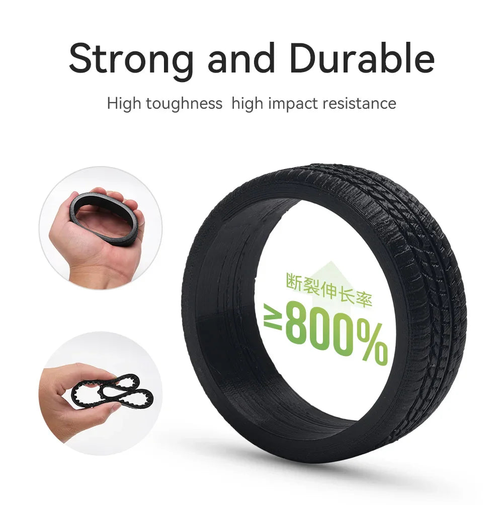 Black flexible 3D printed circular shape being stretched by a hand to demonstrate high durability.