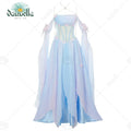 Blue butterfly fairy style long dress with off-shoulder sleeves and corset-style bodice