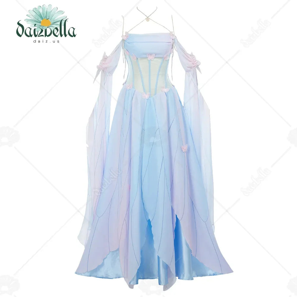 Blue butterfly fairy style long dress with off-shoulder sleeves and corset-style bodice
