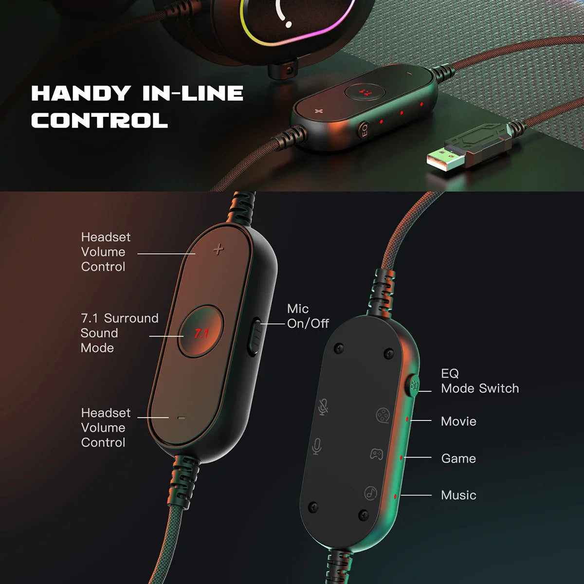 Wired gaming headset in-line control module with volume, 7.1 mode, mic and EQ settings