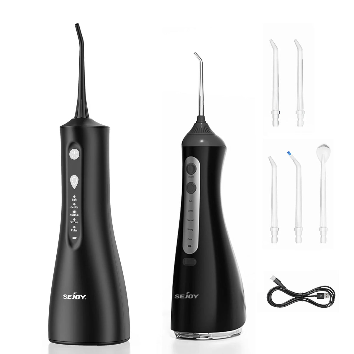 Portable black electric water flosser with five interchangeable jet tips and a USB charging cable.