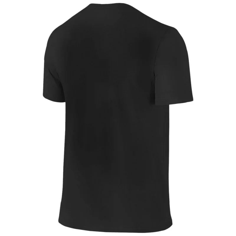 Back view of a plain black short-sleeved t-shirt.