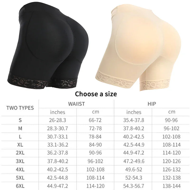 Black and beige padded shapewear shorts with a size chart for waist and hip measurements