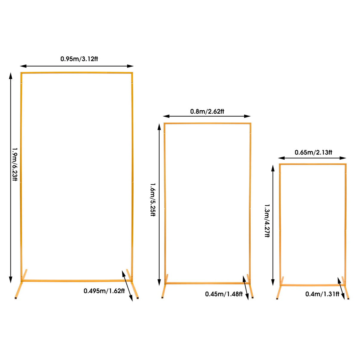 Three gold metal display stands with dimensions labeled in meters and feet