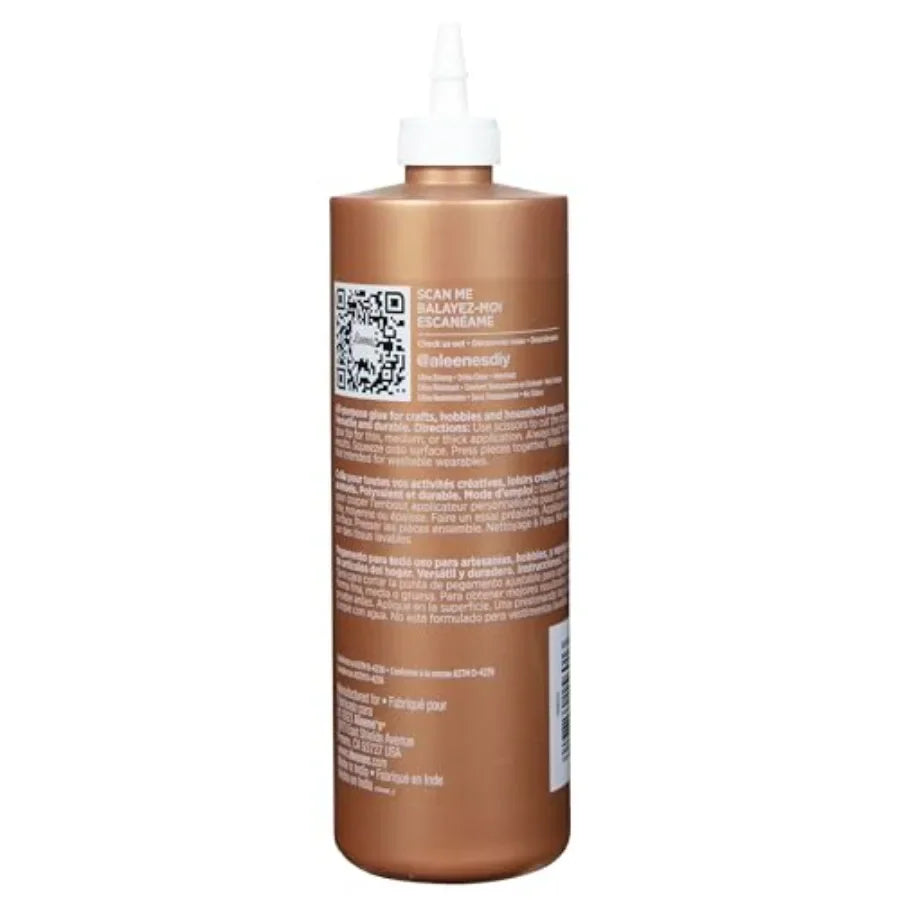 Back of a 473 ml bottle of all-purpose craft adhesive with product information and QR code