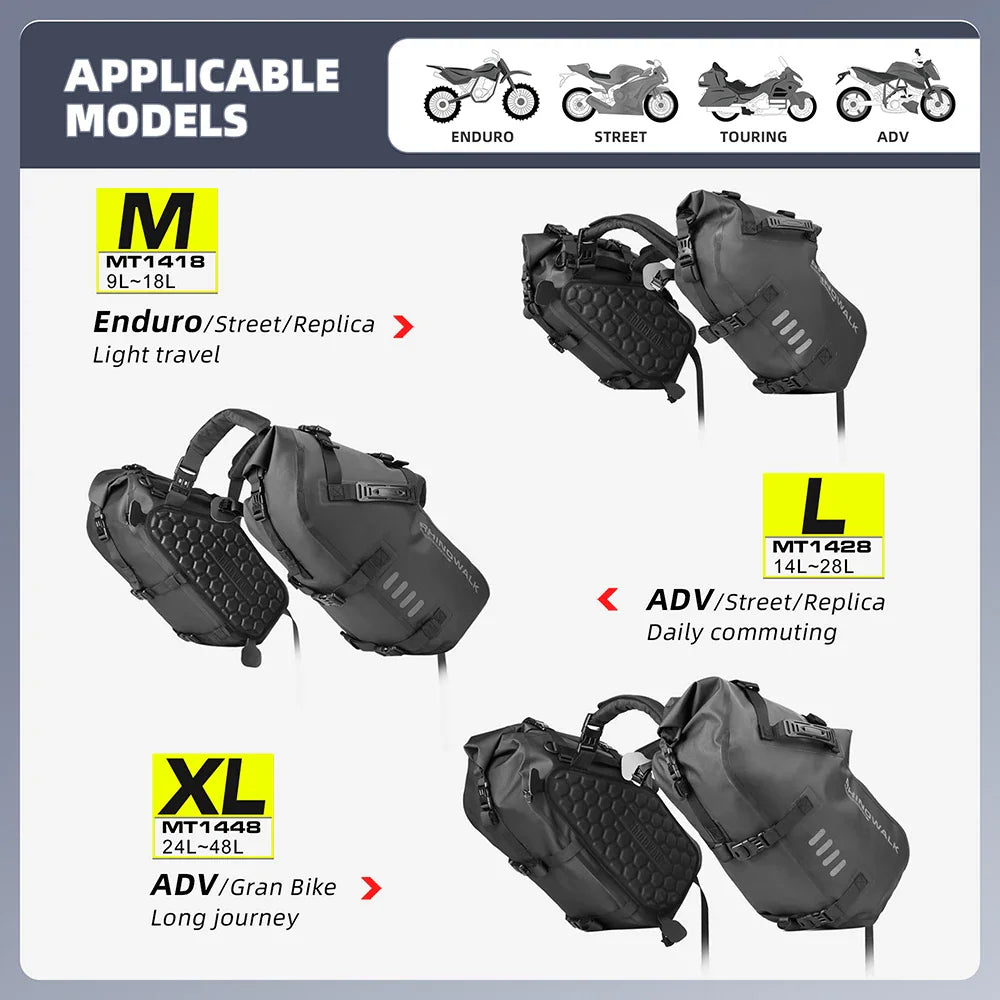 Comparison chart of motorcycle saddle bag sizes M, L, and XL for different bike models