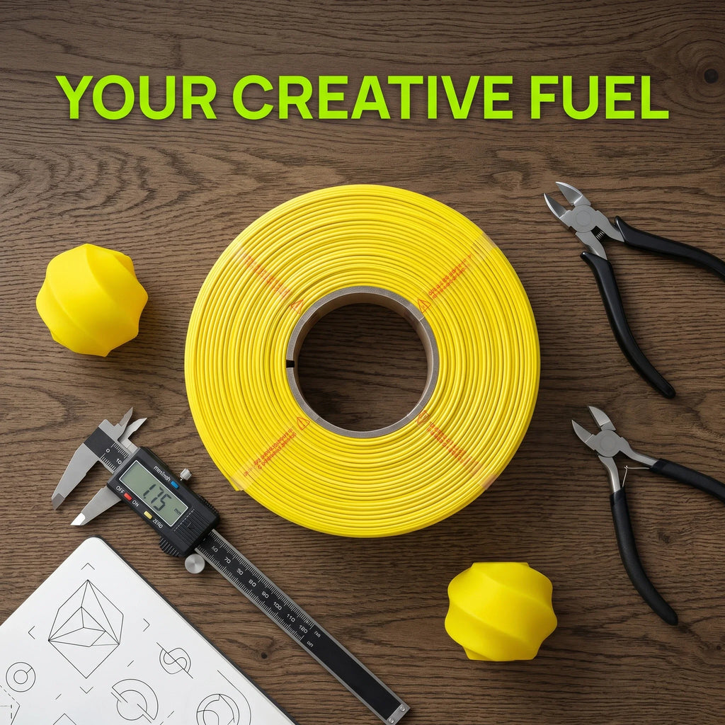 Yellow 3D printer filament spool on a desk with calipers and cutting tools
