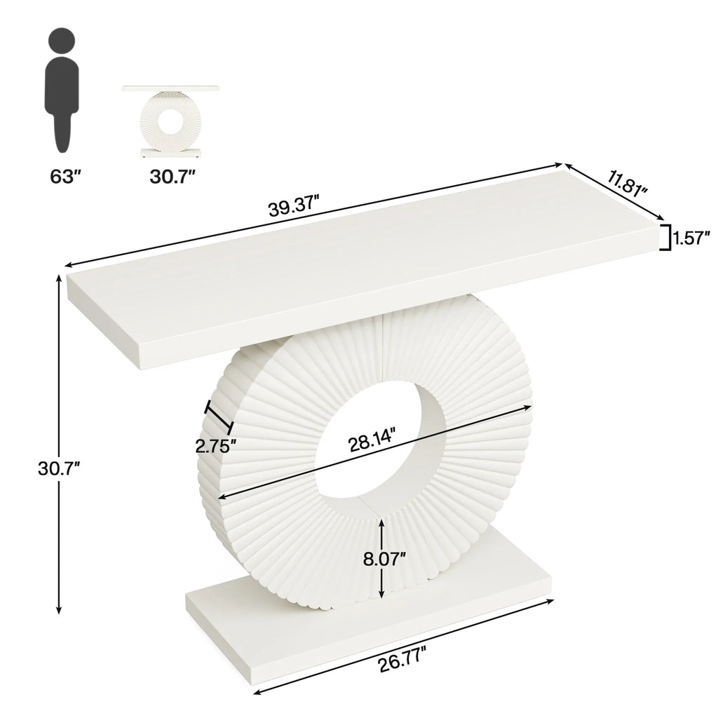 Dimensional diagram of a white console table with measurements