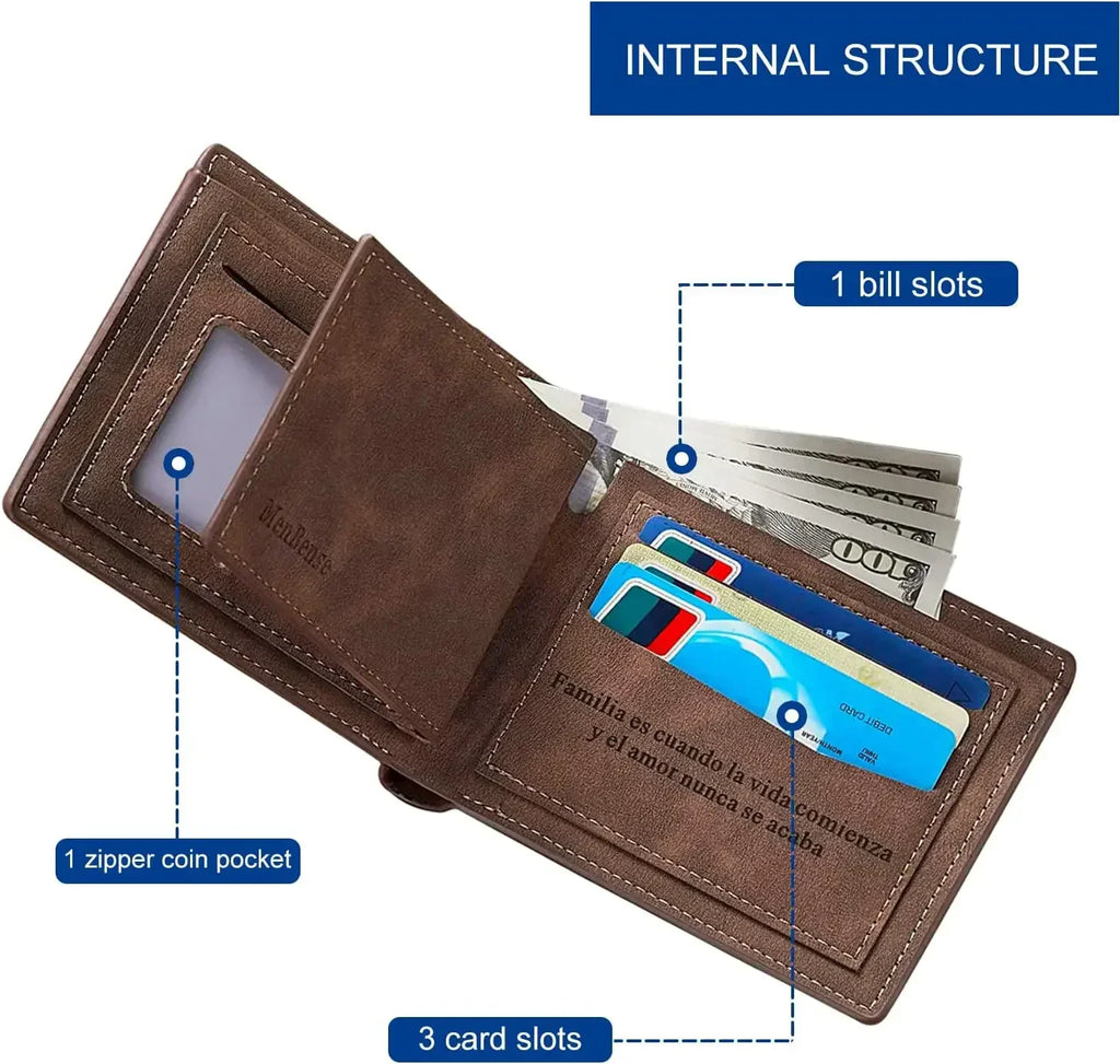 Brown leather bifold wallet interior showing bill slots, card slots, and zipper pocket
