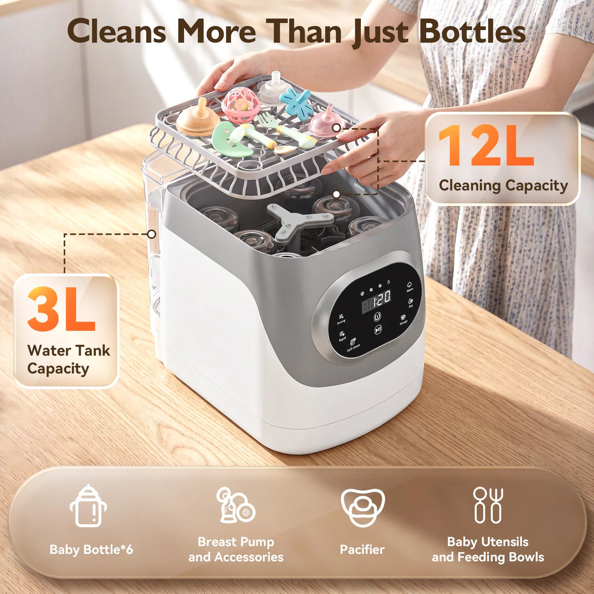 Baby bottle washer and sterilizer showing cleaning capacity for bottles and accessories