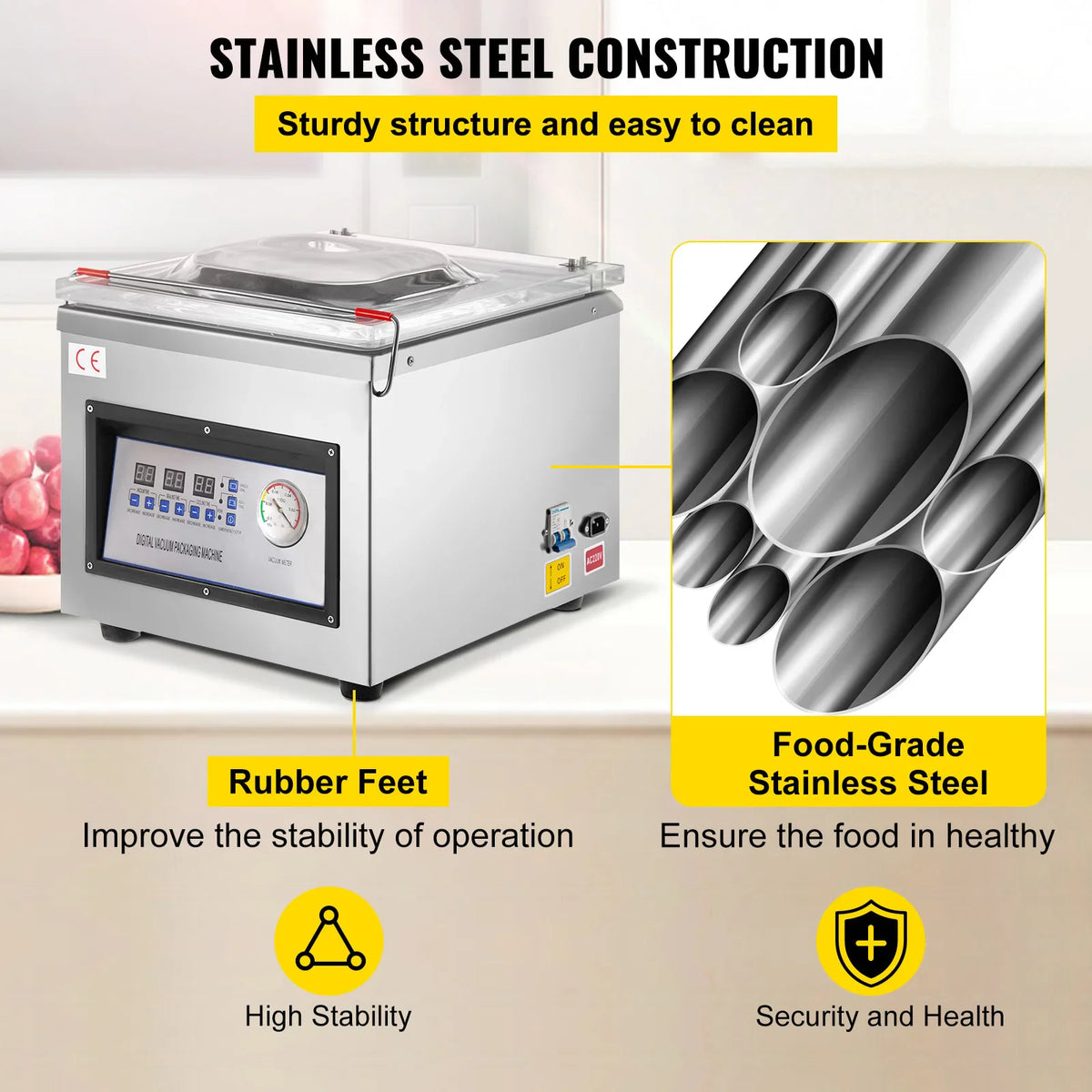 Stainless steel chamber vacuum sealer with an inset image highlighting its food-grade stainless steel construction